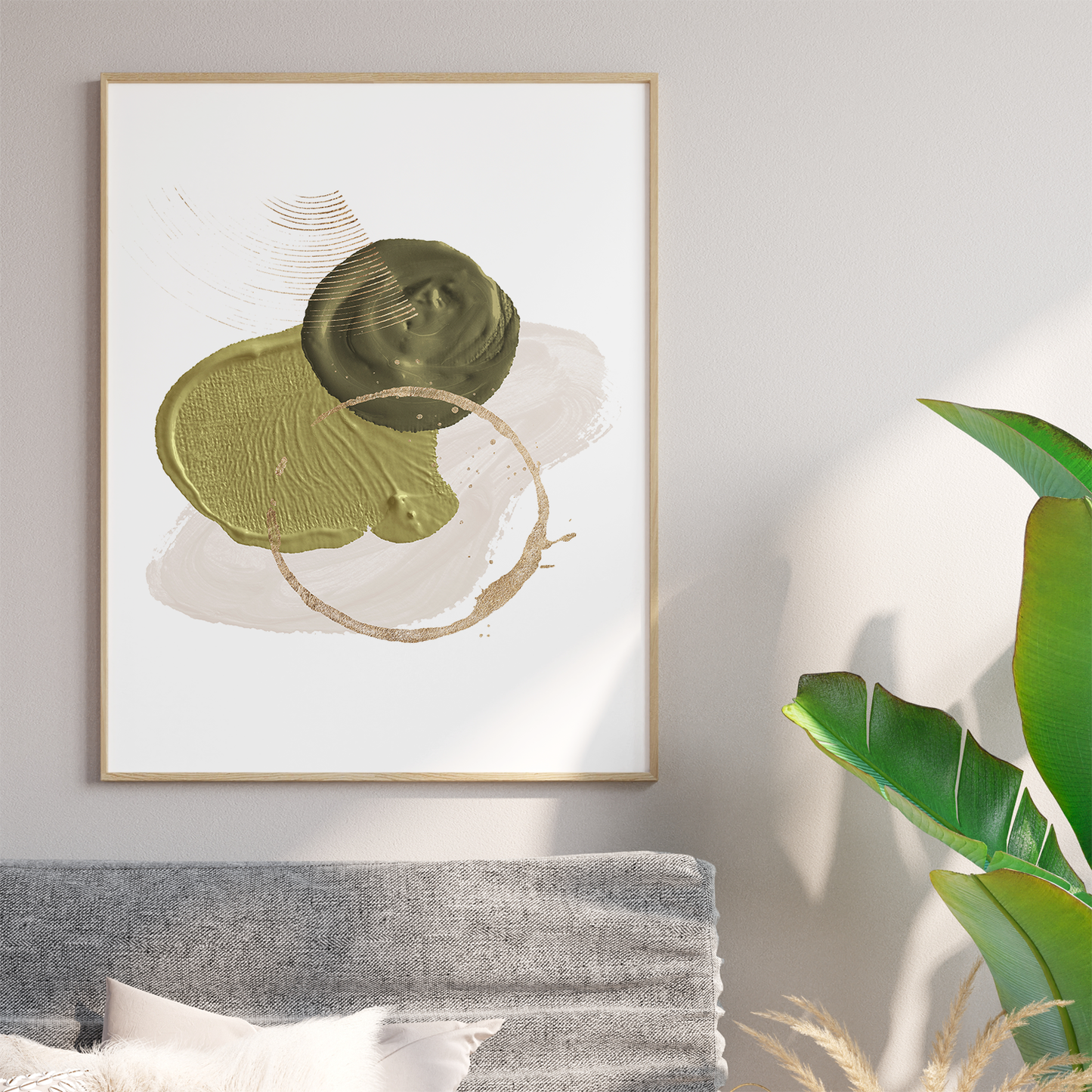 緑と金の抽象的な筆触アートセット、モダンな北欧インテリア装飾画