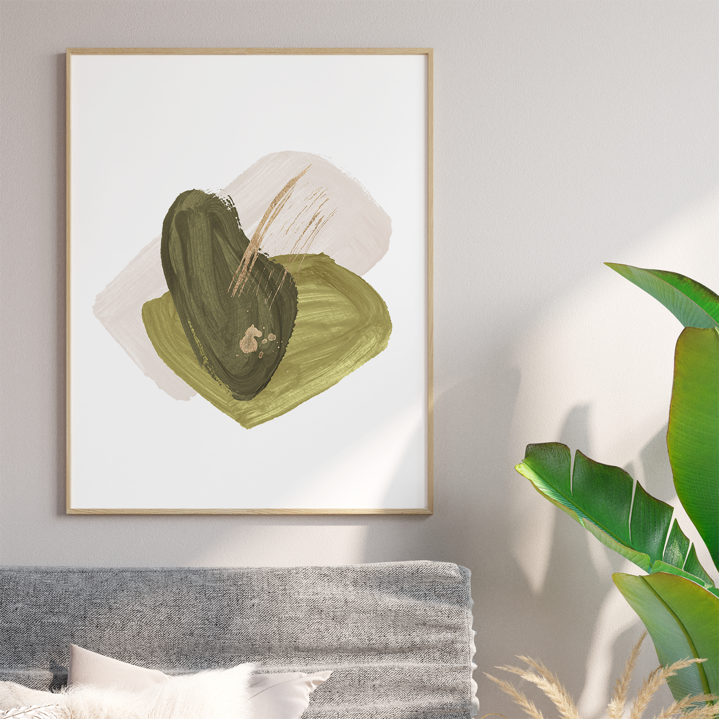 緑と金の抽象的な筆触アートセット、モダンな北欧インテリア装飾画