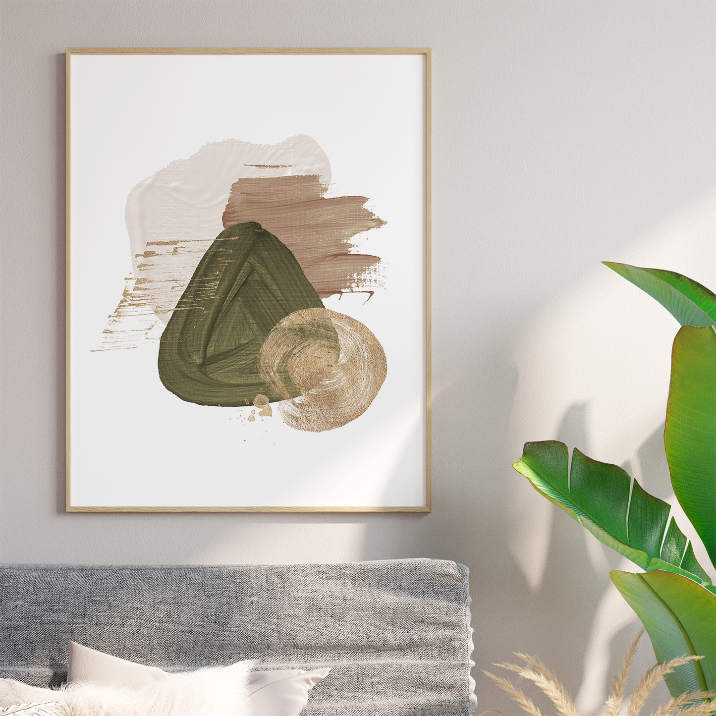 緑と金の抽象的な筆触アートセット、モダンな北欧インテリア装飾画