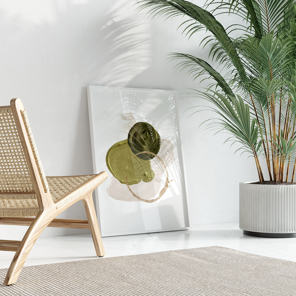 緑と金の抽象的な筆触アートセット、モダンな北欧インテリア装飾画