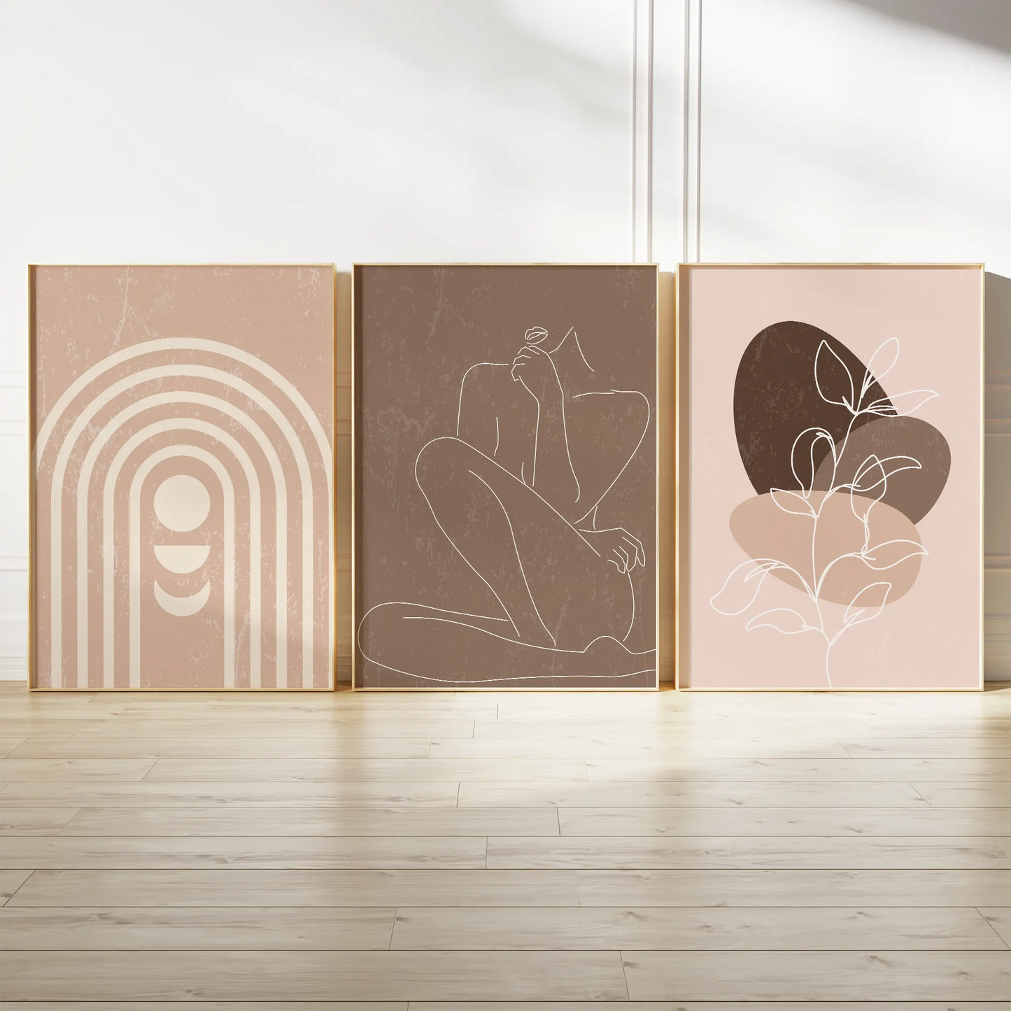 ベージュ抽象ラインアートの北欧モダンアートポスター 3枚セット