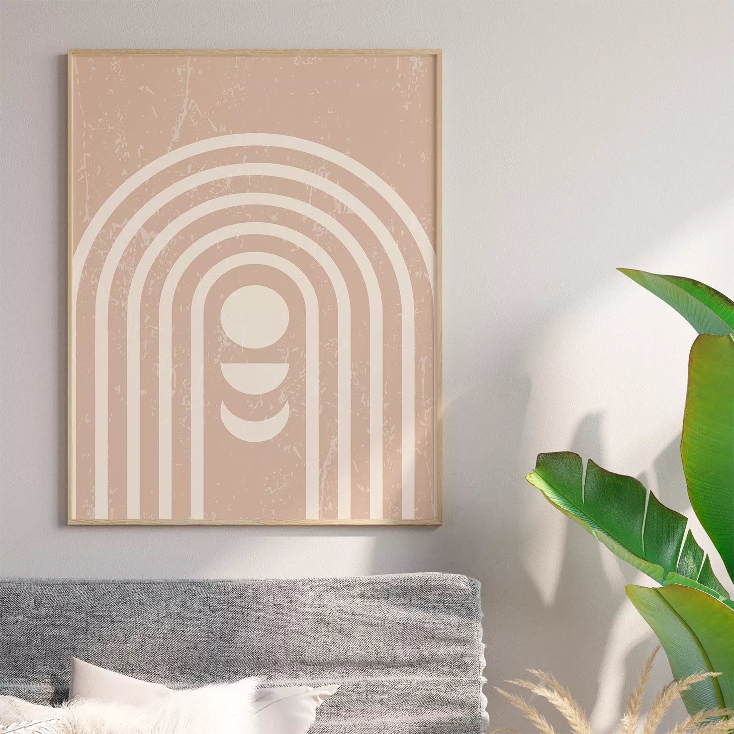 ベージュトーンの抽象的なトリプティックアートセット、月のアーチと植物モチーフ