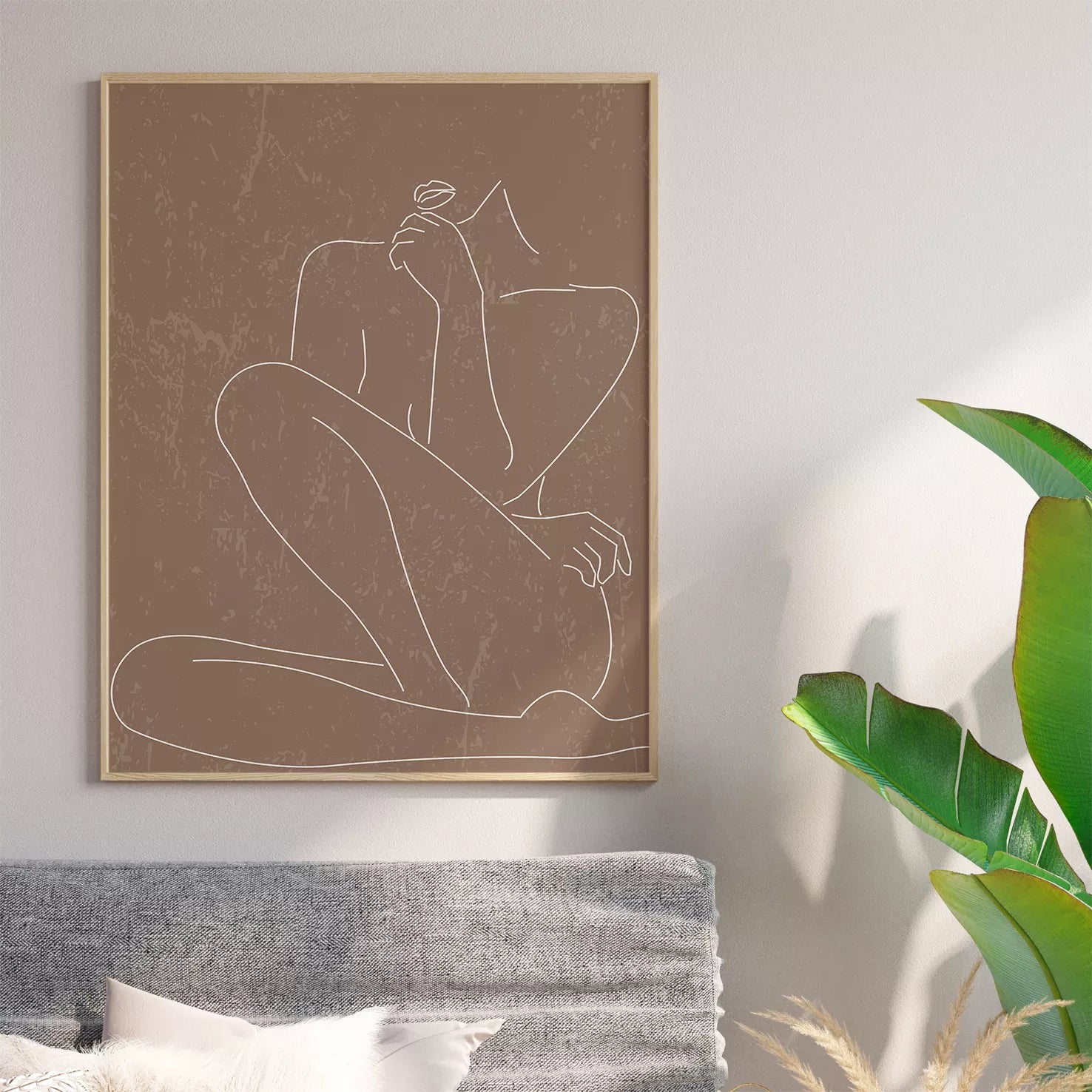 ベージュトーンの抽象的なトリプティックアートセット、月のアーチと植物モチーフ