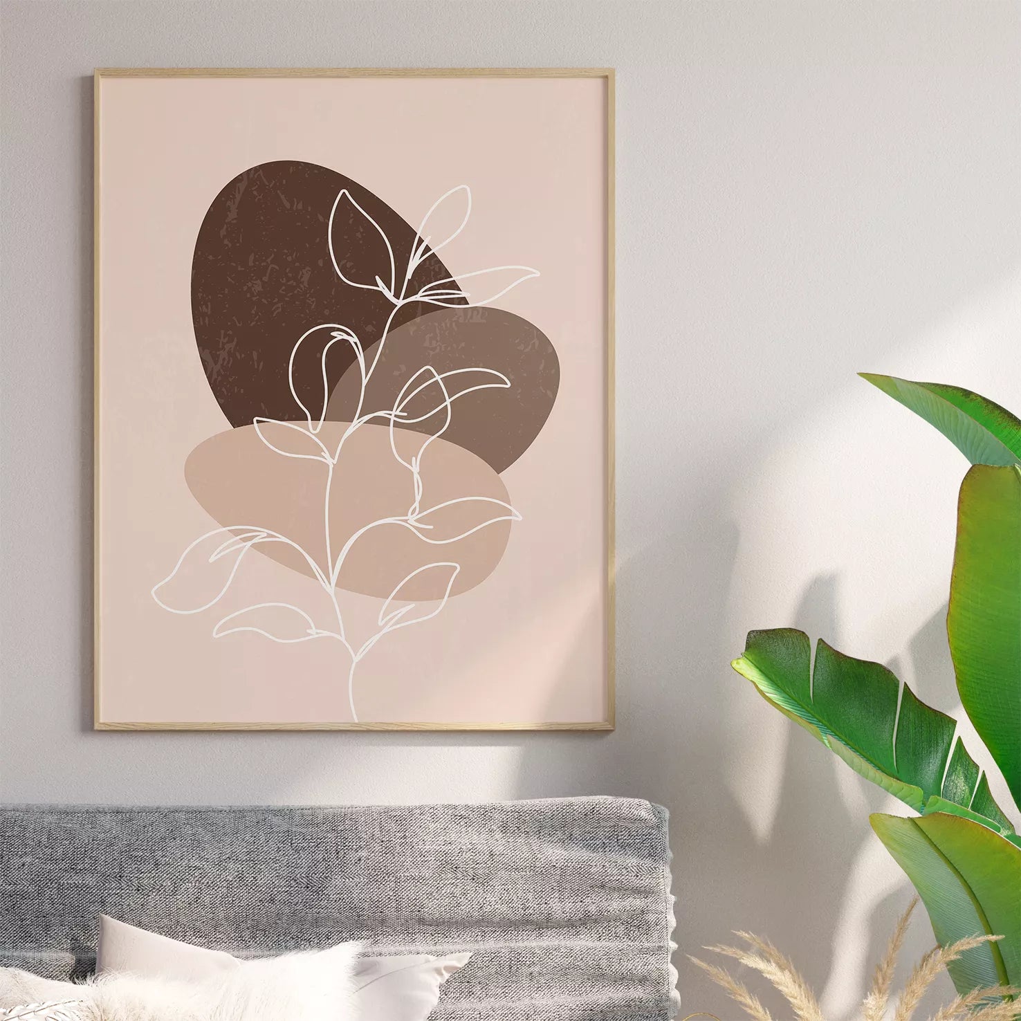 ベージュトーンの抽象的なトリプティックアートセット、月のアーチと植物モチーフ