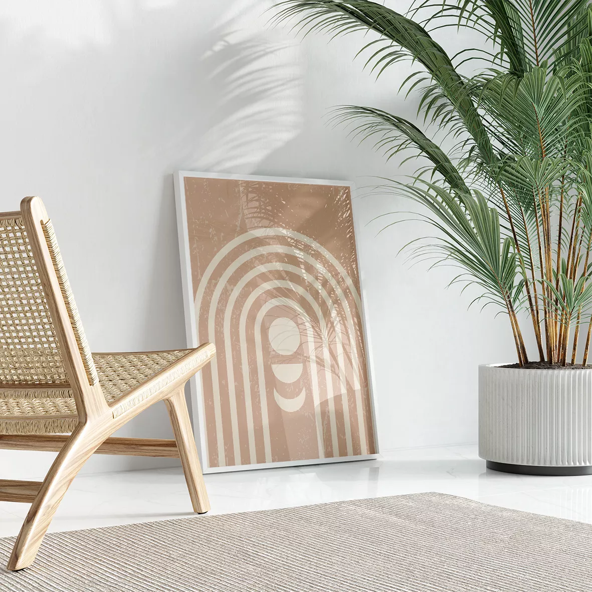 ベージュトーンの抽象的なトリプティックアートセット、月のアーチと植物モチーフ