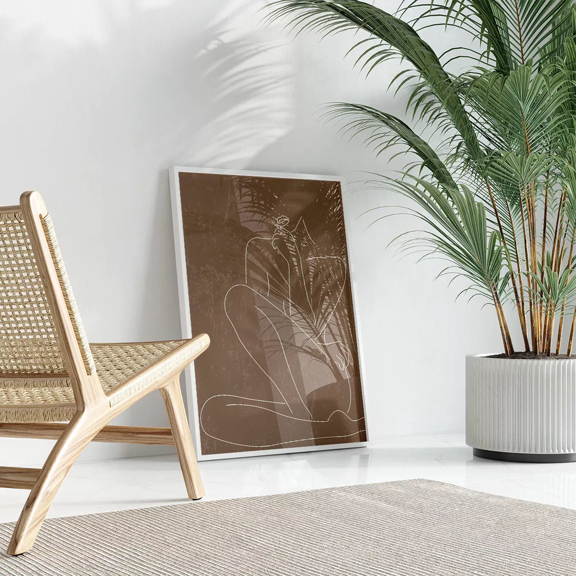 ベージュトーンの抽象的なトリプティックアートセット、月のアーチと植物モチーフ