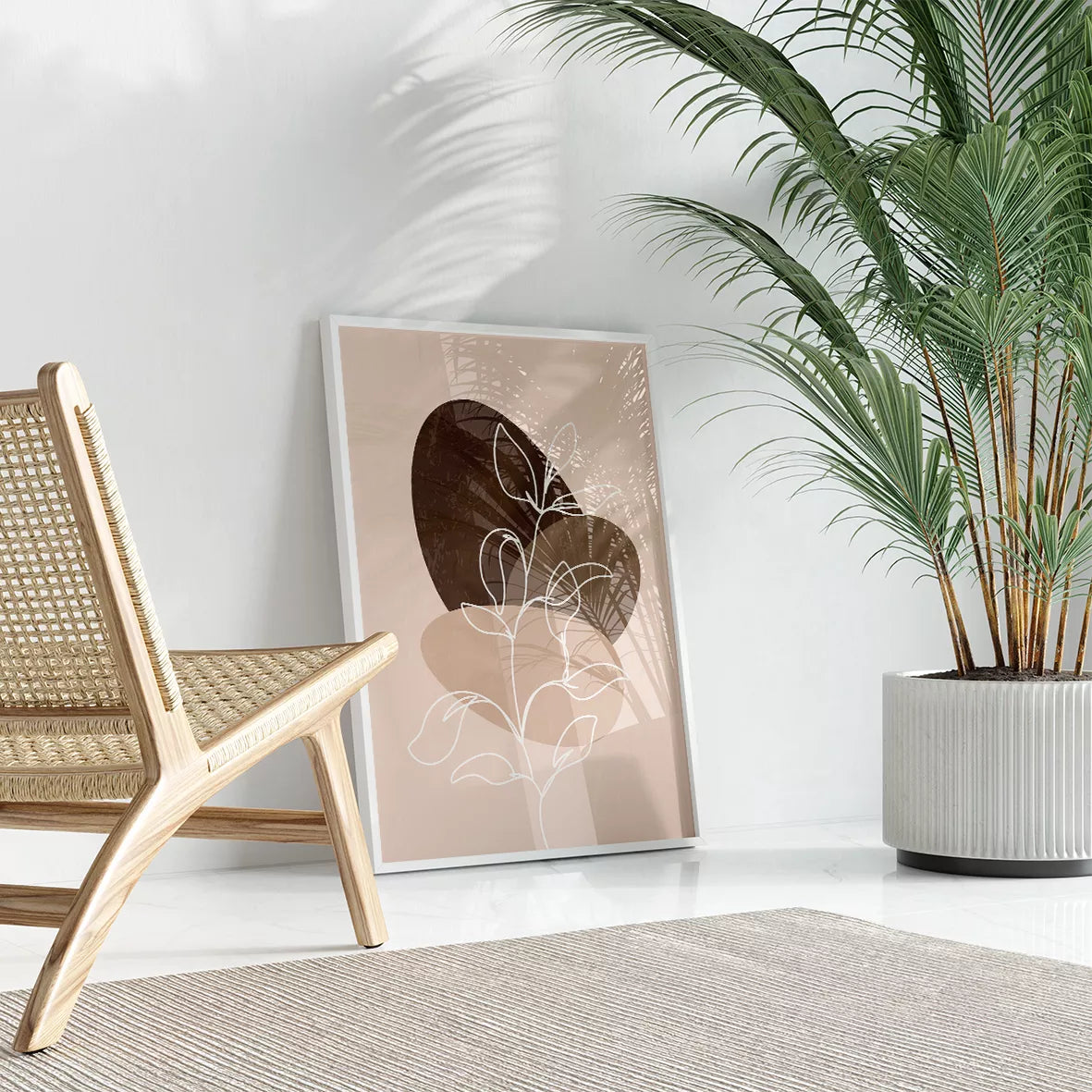 ベージュトーンの抽象的なトリプティックアートセット、月のアーチと植物モチーフ