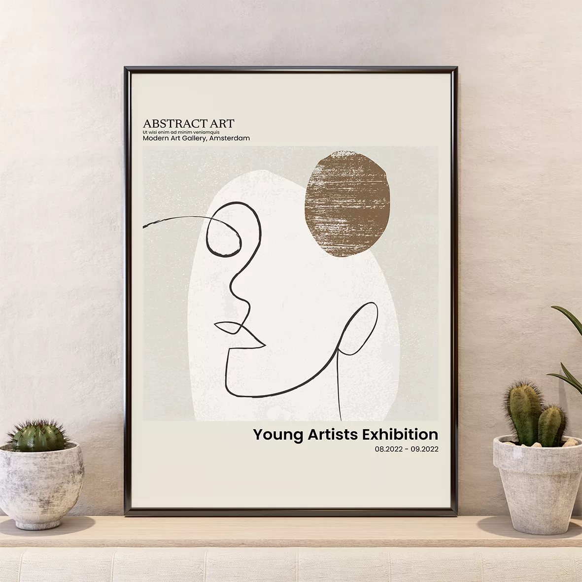 モダンな抽象アートの3点セット、線画と幾何学的なデザインが特徴的