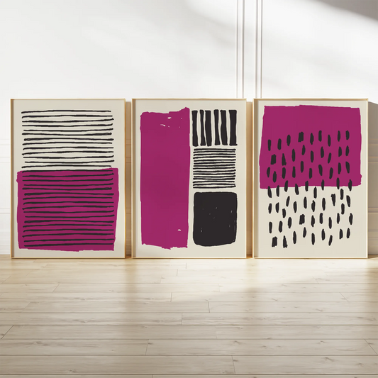 マゼンタと黒ラインのミニマル抽象アートポスター 北欧モダン 3枚セット