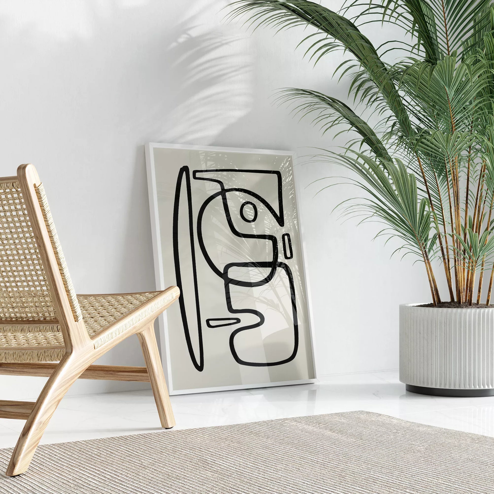 モダンな黒線による抽象的な顔のシルエットアート、シンプルな線画