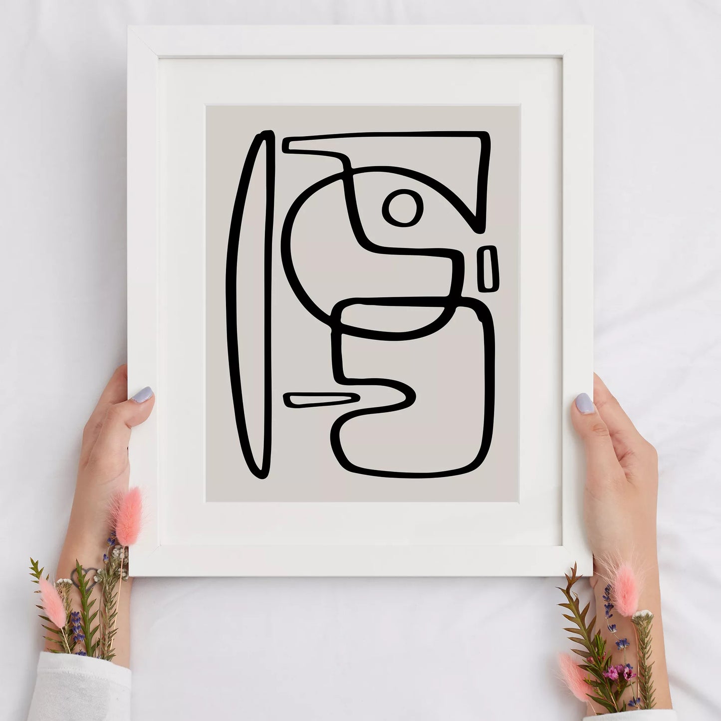 モダンな黒線による抽象的な顔のシルエットアート、シンプルな線画