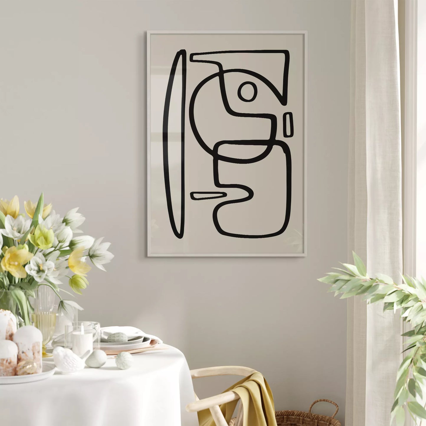 モダンな黒線による抽象的な顔のシルエットアート、シンプルな線画