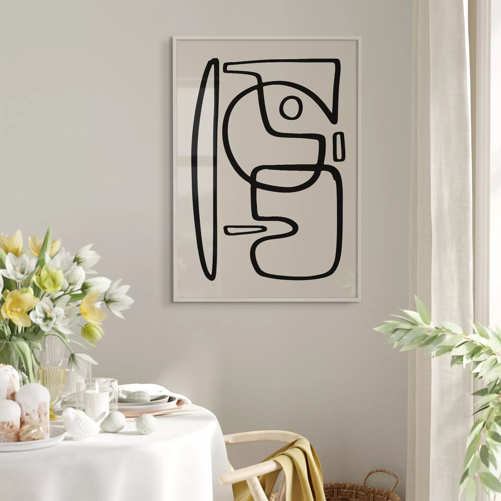 モダンな黒線による抽象的な顔のシルエットアート、シンプルな線画