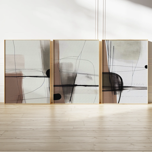 ベージュブラウンの抽象ラインアートポスター 北欧モダン 3枚セット