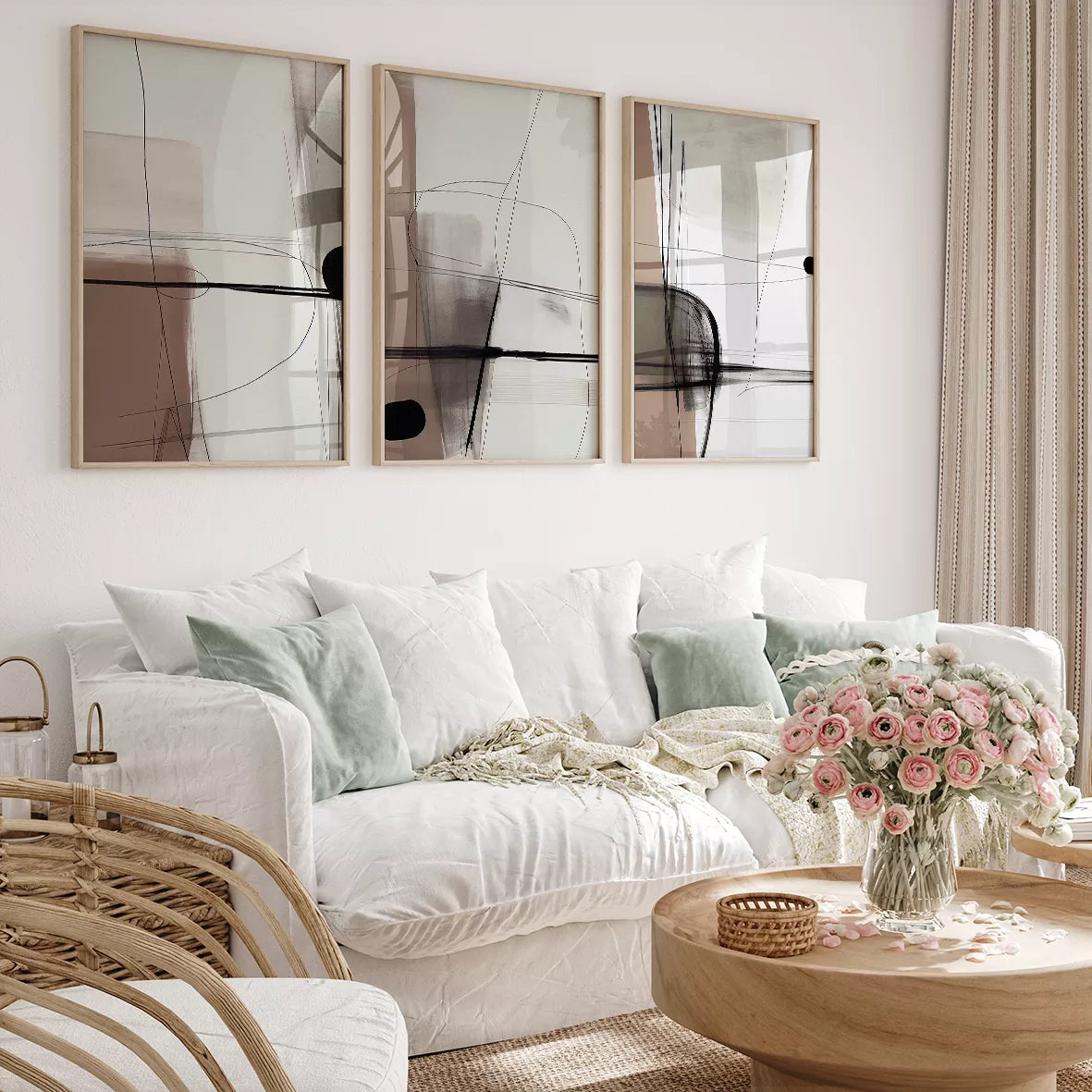 モノトーンの抽象的な線画アートセット、北欧インテリア向けの3点構成