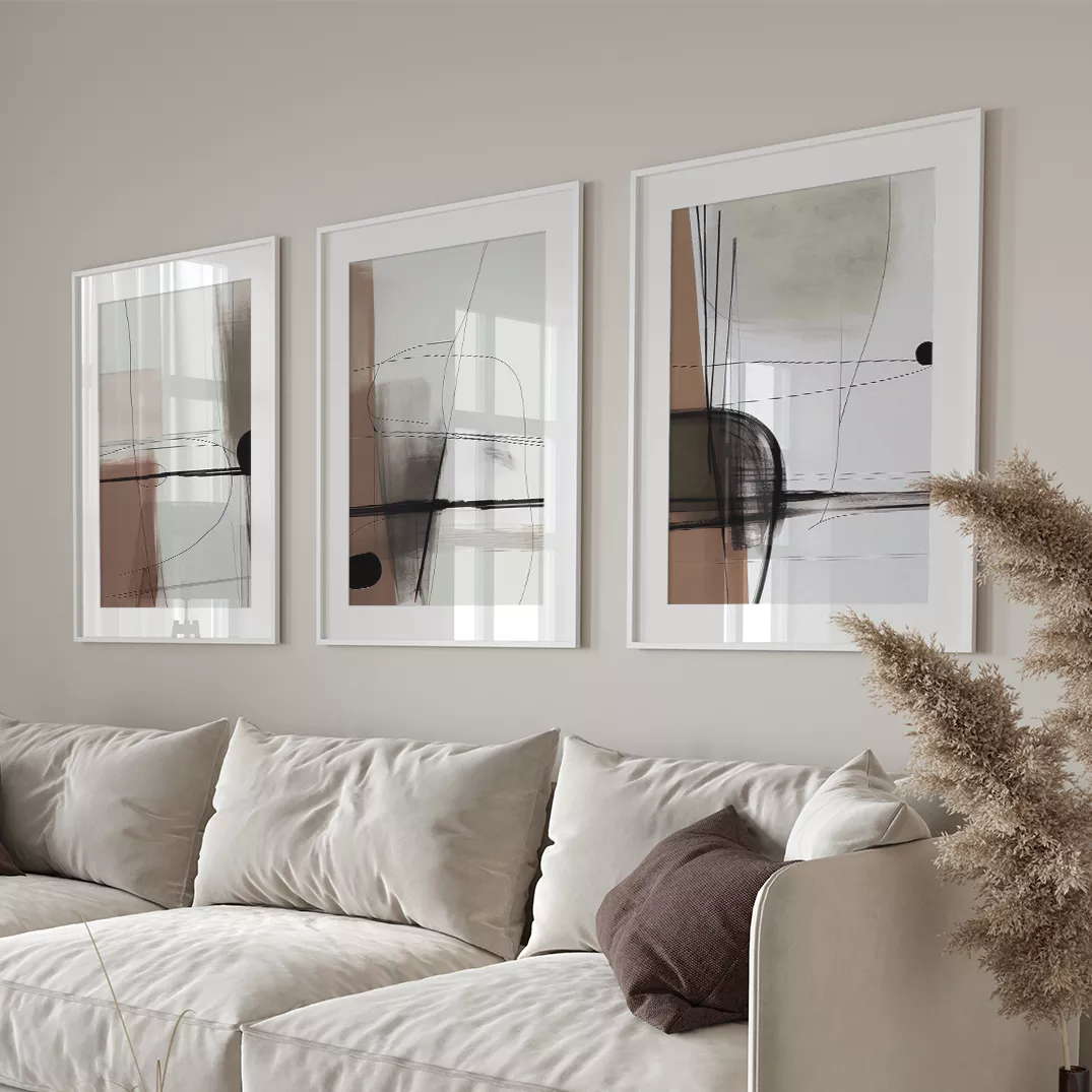 モノトーンの抽象的な線画アートセット、北欧インテリア向けの3点構成