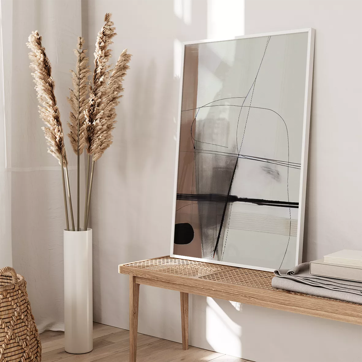 モノトーンの抽象的な線画アートセット、北欧インテリア向けの3点構成