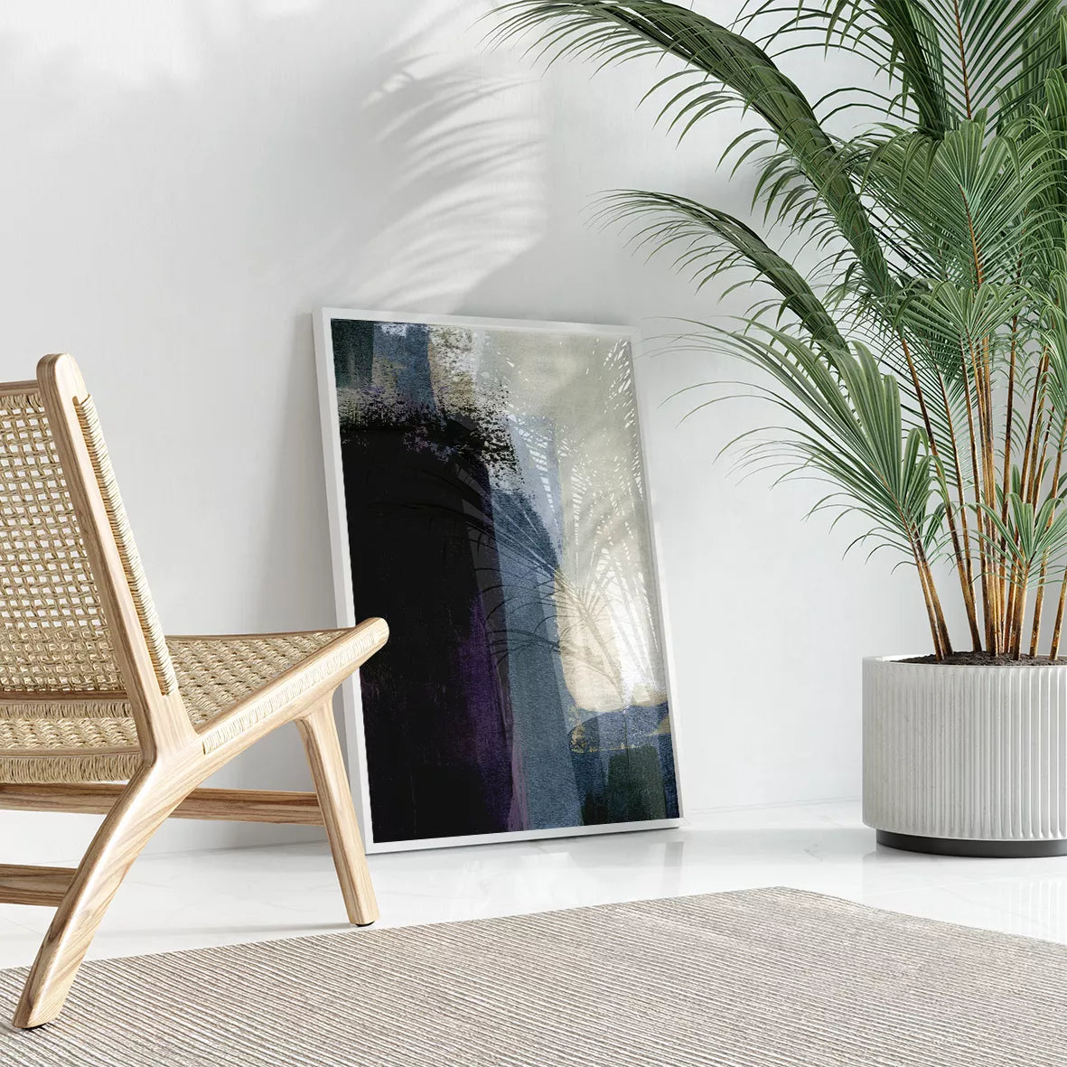 深い海のような青と優雅なベージュが織りなす抽象アートの3点セット