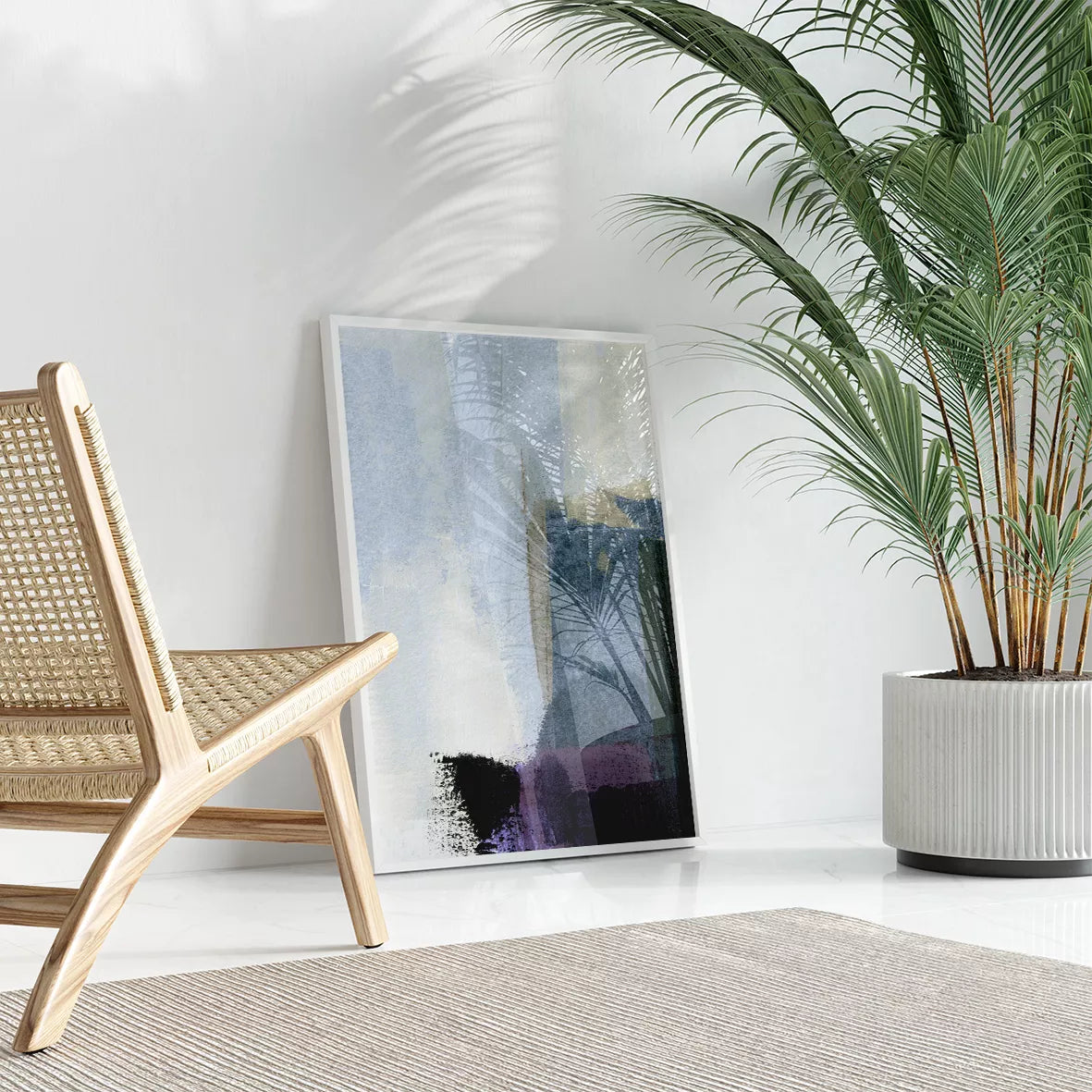 深い海のような青と優雅なベージュが織りなす抽象アートの3点セット