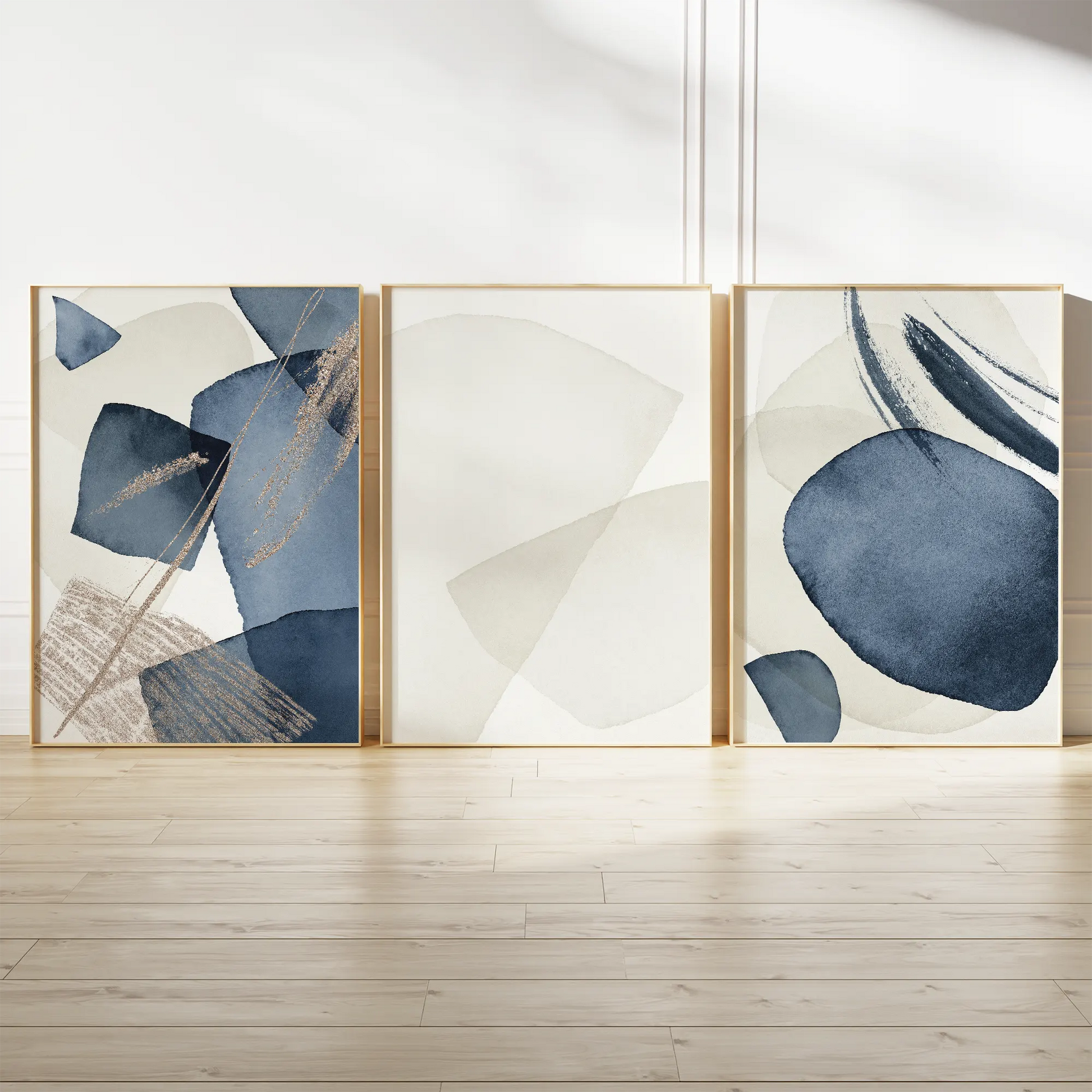 ネイビーとベージュグレーの抽象ジオメトリックアートポスター 北欧モダン 3枚セット