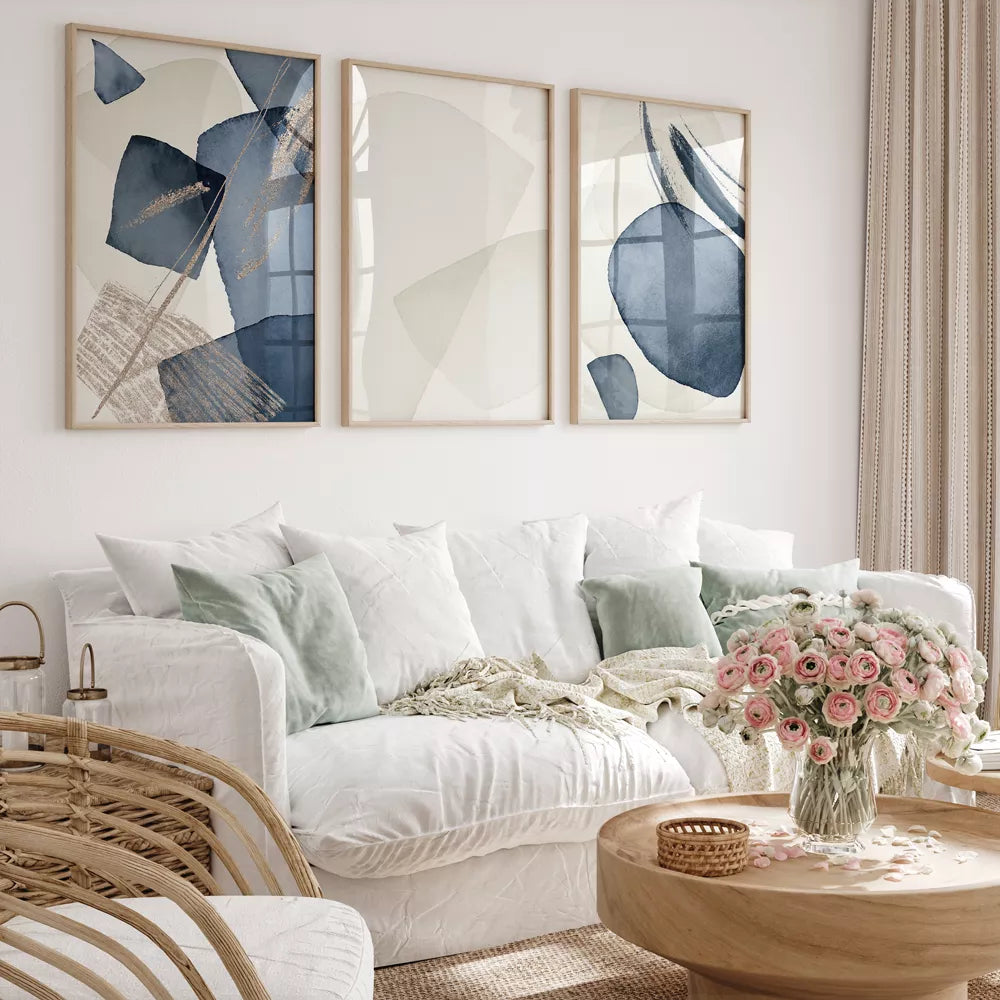ネイビーと白の抽象的な幾何学アートセット、北欧モダンデザイン