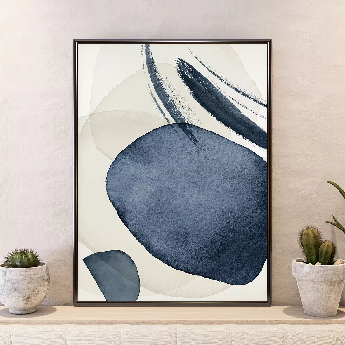 ネイビーと白の抽象的な幾何学アートセット、北欧モダンデザイン