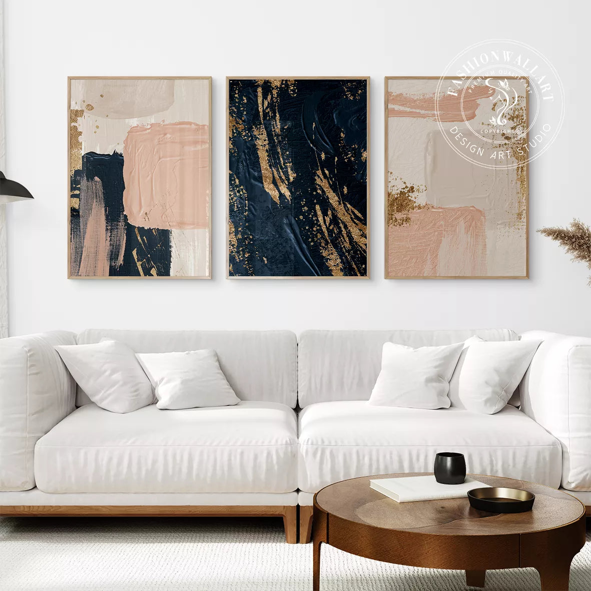 金箔とネイビー、ピンクの抽象的なアートポスター3点セット、モダンインテリア