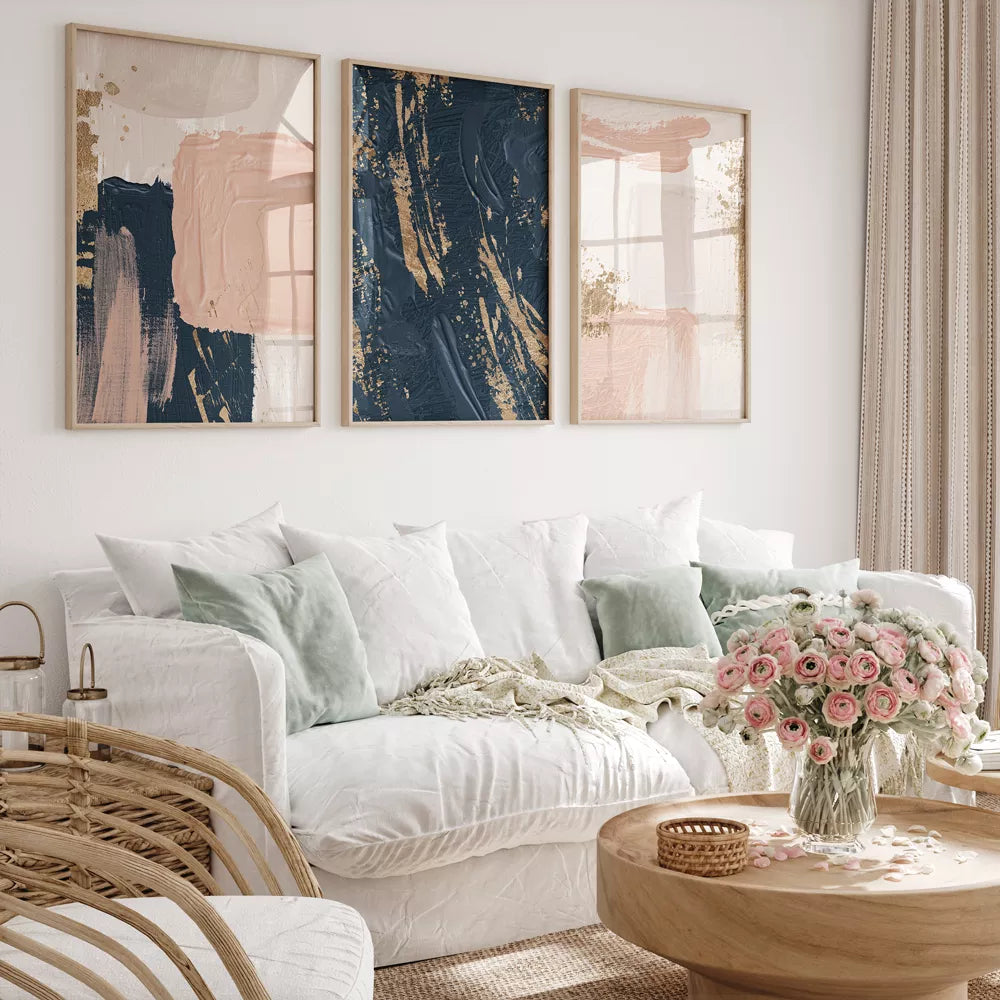 金箔とネイビー、ピンクの抽象的なアートポスター3点セット、モダンインテリア