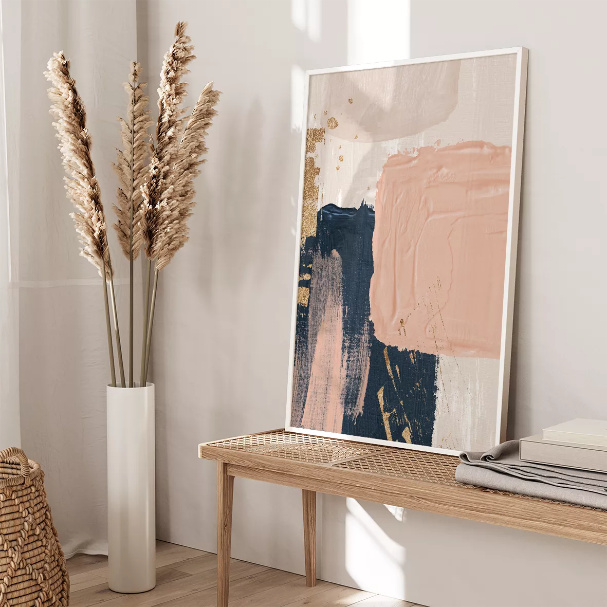 金箔とネイビー、ピンクの抽象的なアートポスター3点セット、モダンインテリア