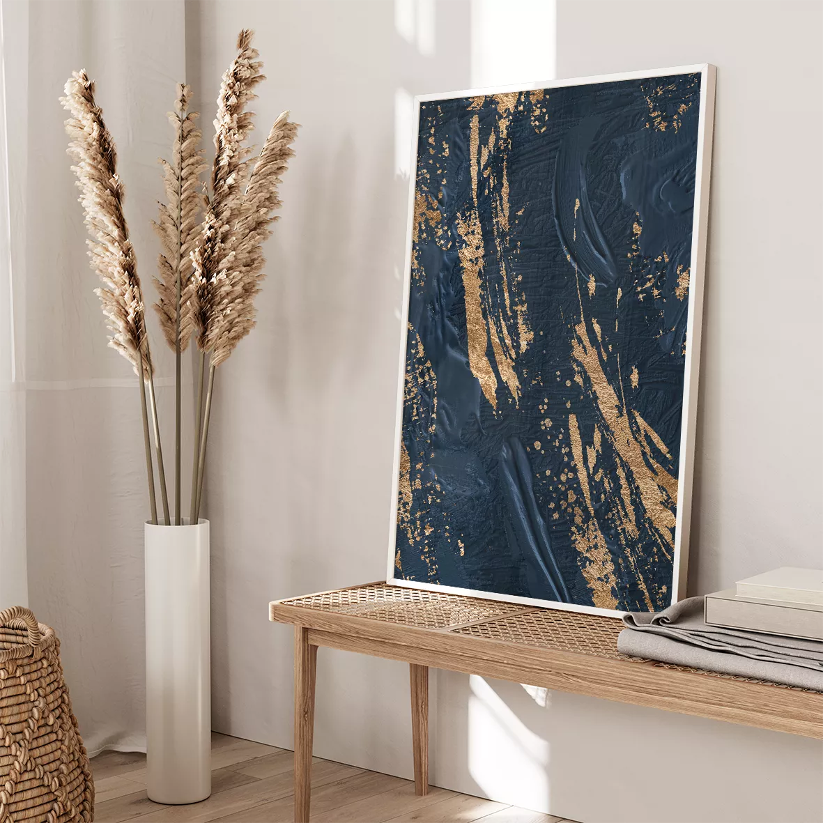 金箔とネイビー、ピンクの抽象的なアートポスター3点セット、モダンインテリア