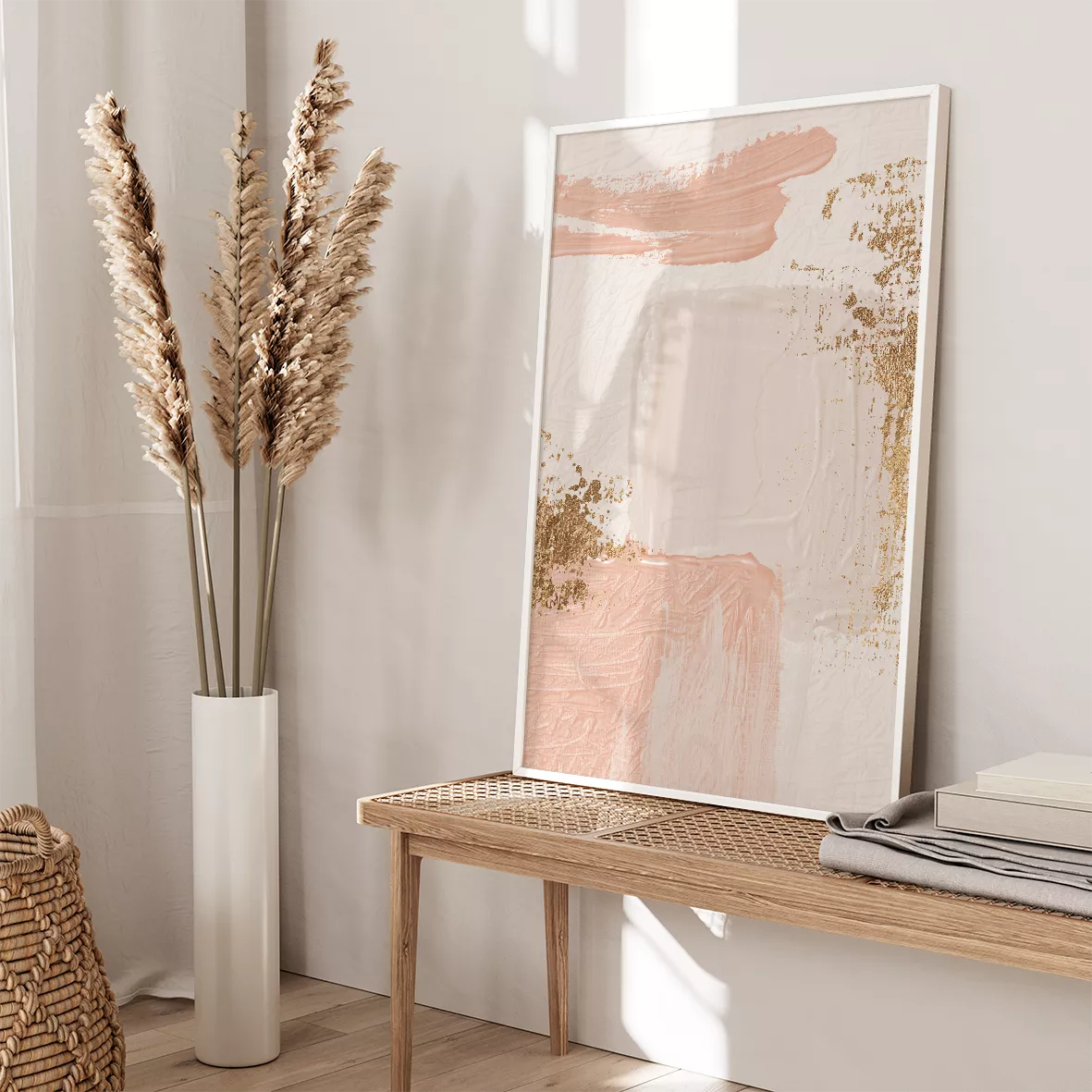 金箔とネイビー、ピンクの抽象的なアートポスター3点セット、モダンインテリア