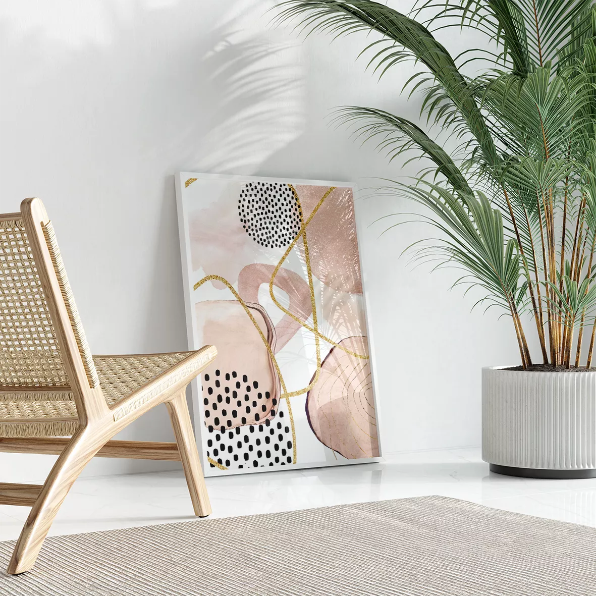 ピンクベージュの抽象アート、ドット模様とゴールドラインの3連装飾画