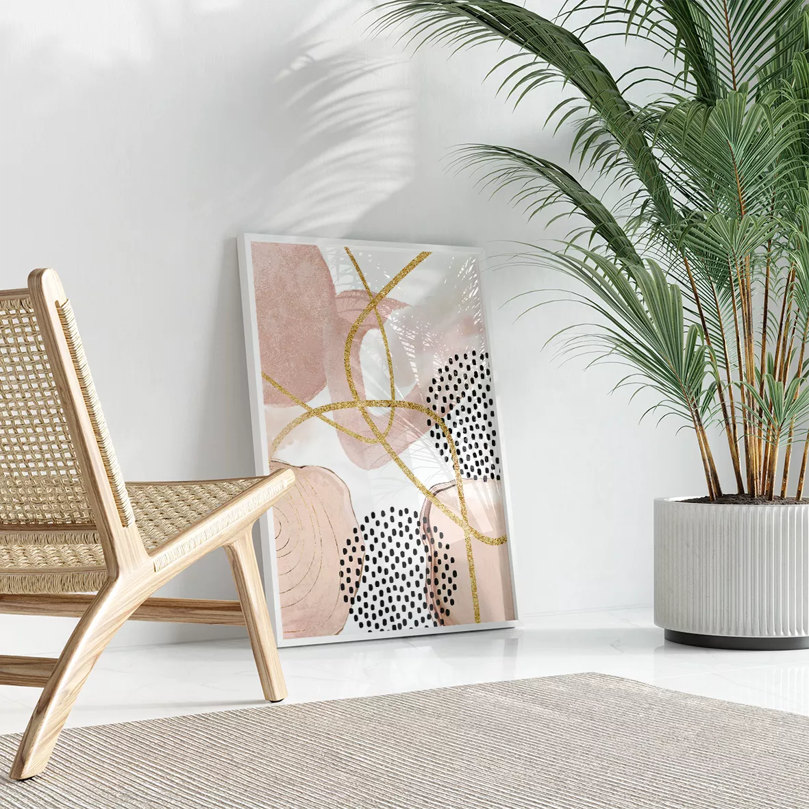 ピンクベージュの抽象アート、ドット模様とゴールドラインの3連装飾画