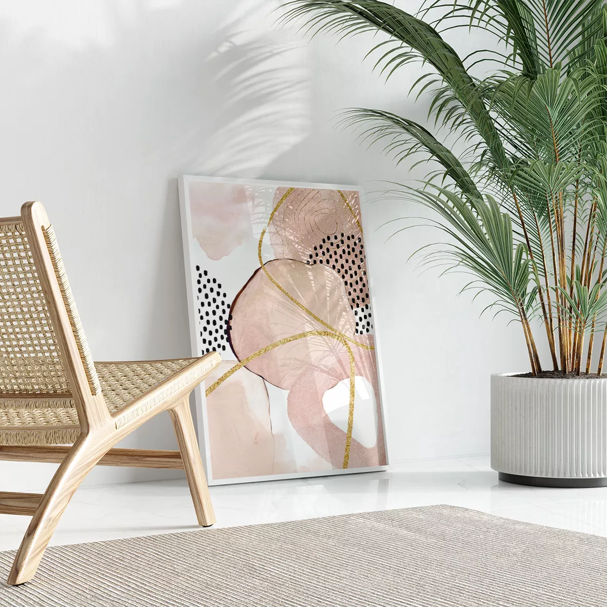 ピンクベージュの抽象アート、ドット模様とゴールドラインの3連装飾画