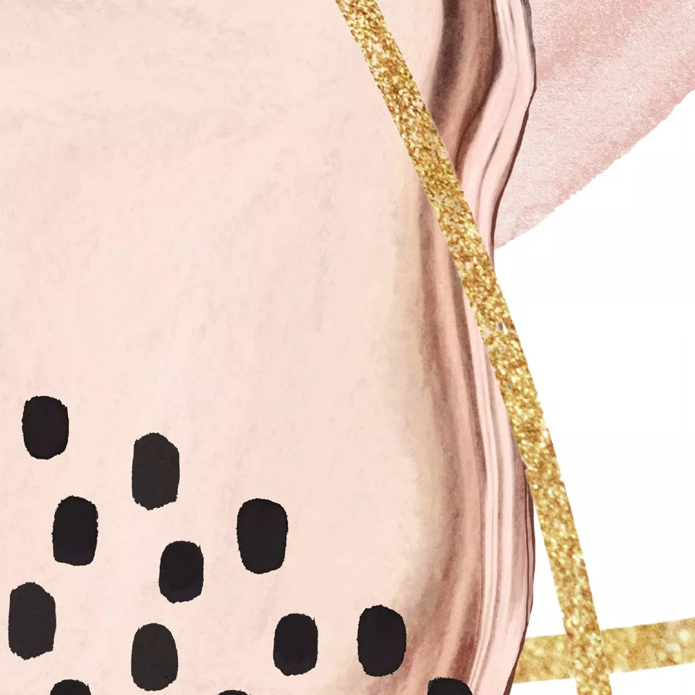 ピンクベージュの抽象アート、ドット模様とゴールドラインの3連装飾画