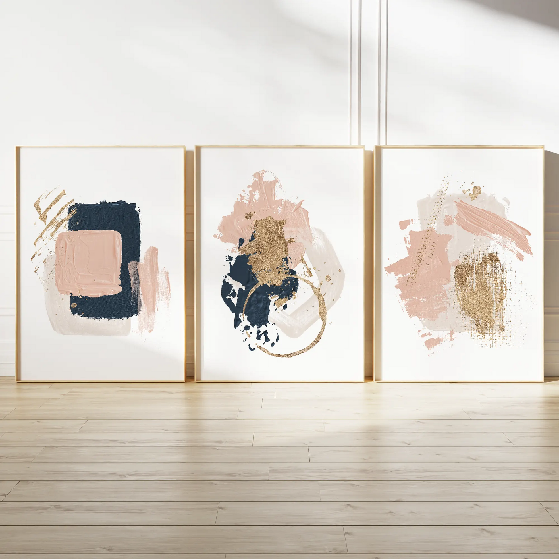 ピンクとネイビーにゴールドが映える抽象アートポスター 北欧モダン 3枚セット