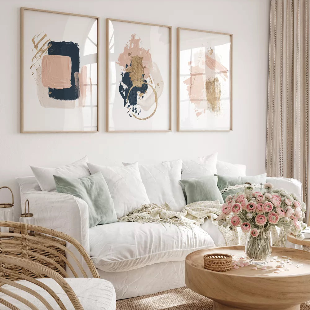 モダン抽象画アートセット:ピンク、ネイビー、ゴールドの3点構成