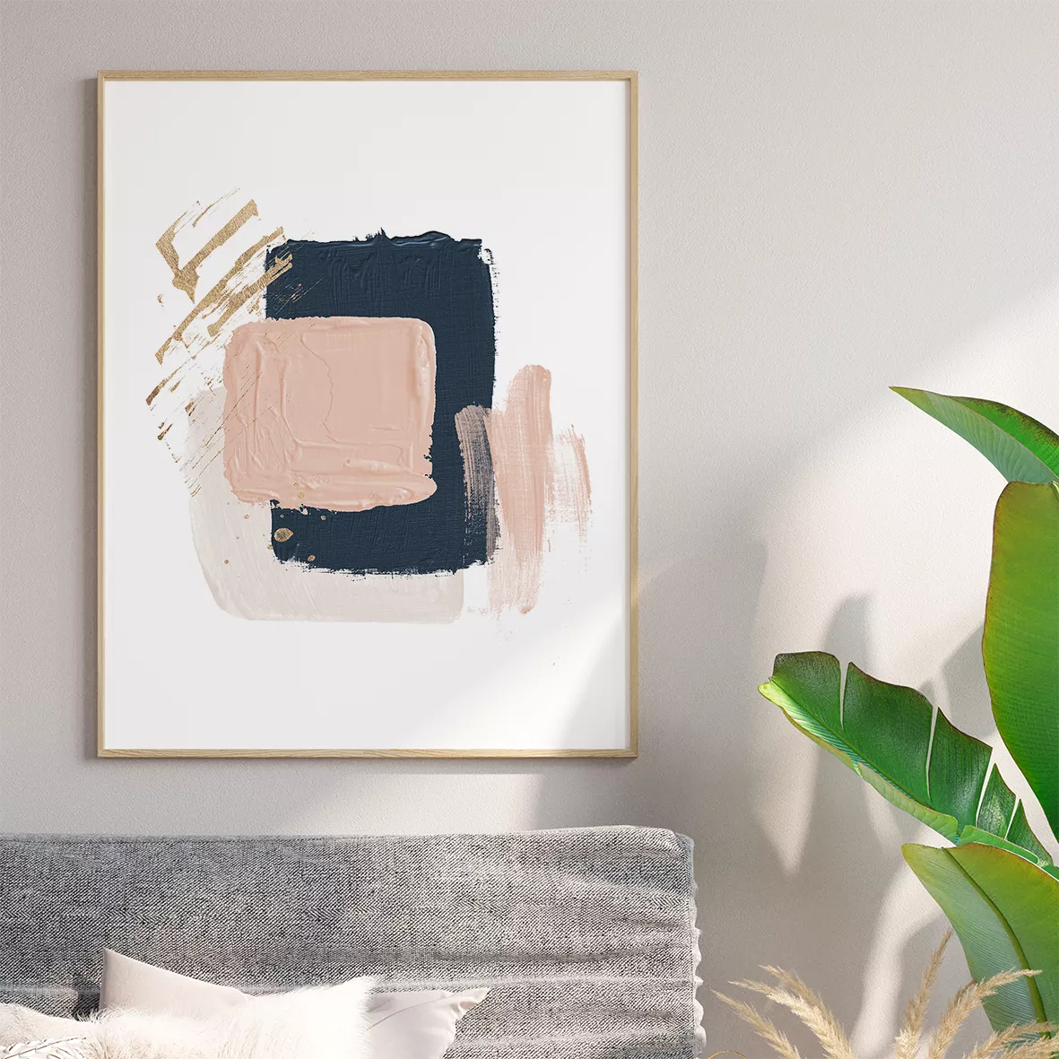 モダン抽象画アートセット:ピンク、ネイビー、ゴールドの3点構成