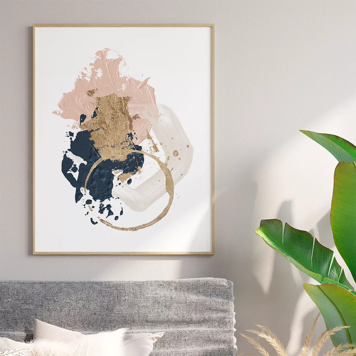 モダン抽象画アートセット:ピンク、ネイビー、ゴールドの3点構成