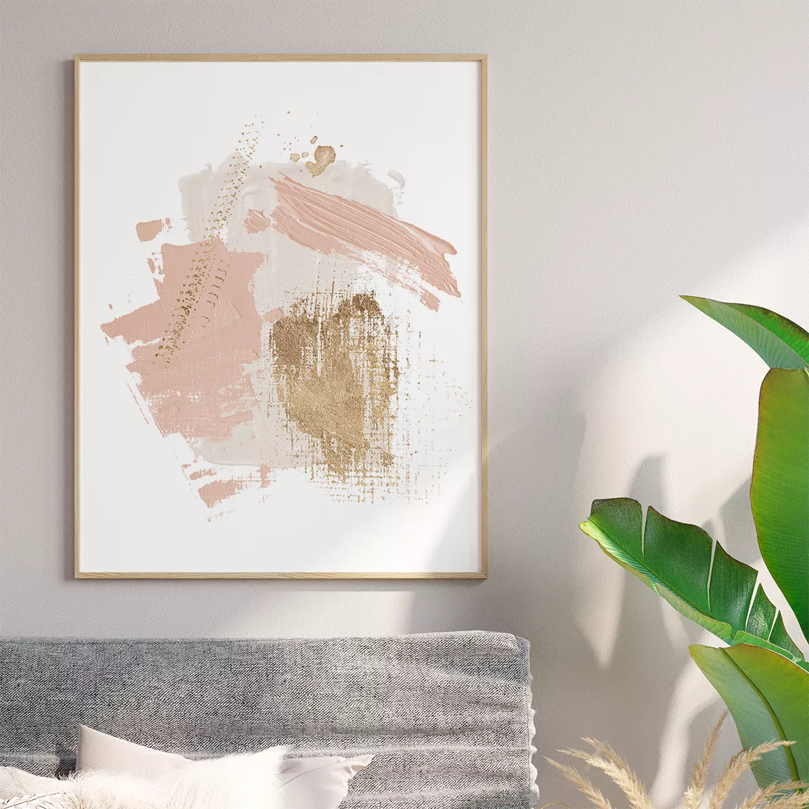 モダン抽象画アートセット:ピンク、ネイビー、ゴールドの3点構成