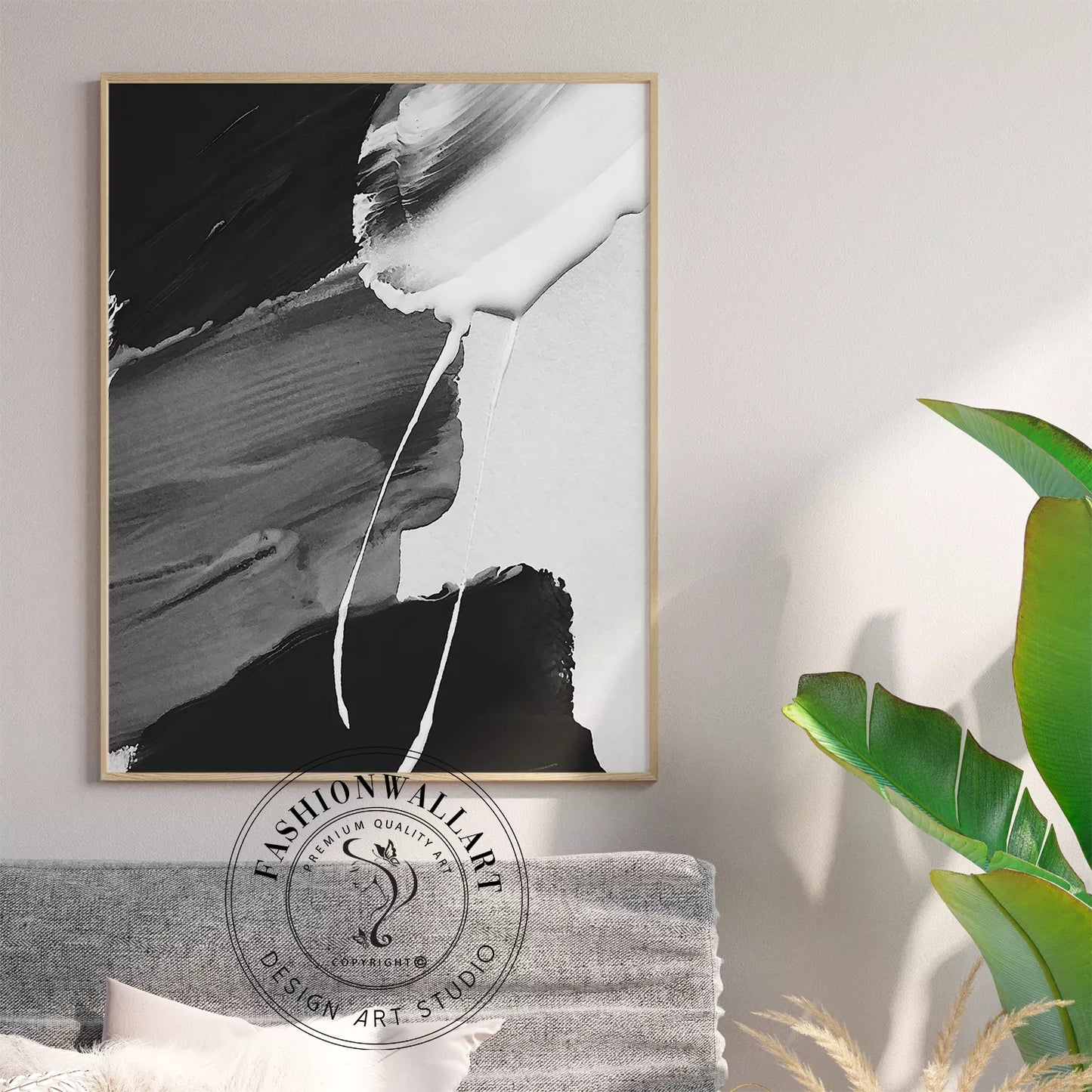 モノトーンの抽象アート3点セット、赤のアクセントが印象的な墨絵風デザイン