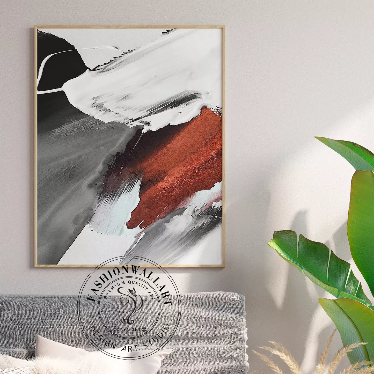 モノトーンの抽象アート3点セット、赤のアクセントが印象的な墨絵風デザイン