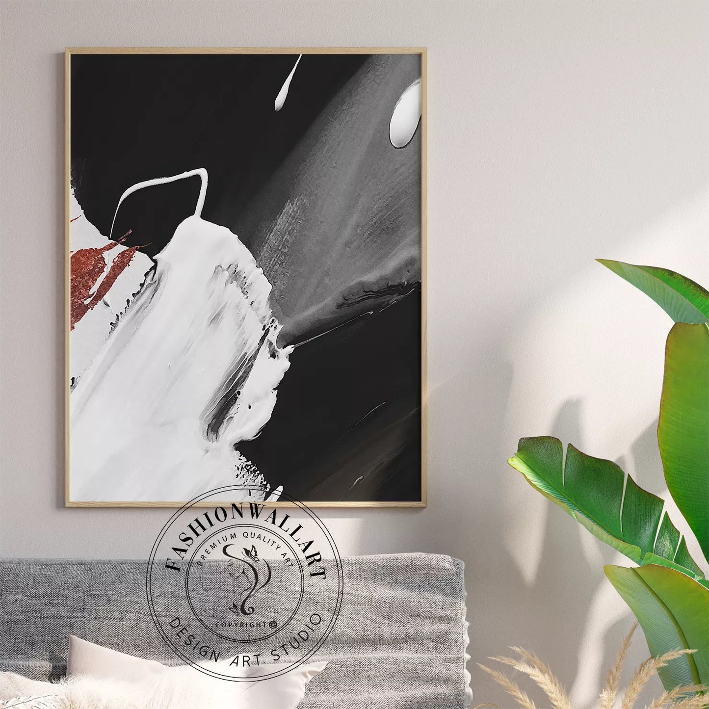 モノトーンの抽象アート3点セット、赤のアクセントが印象的な墨絵風デザイン