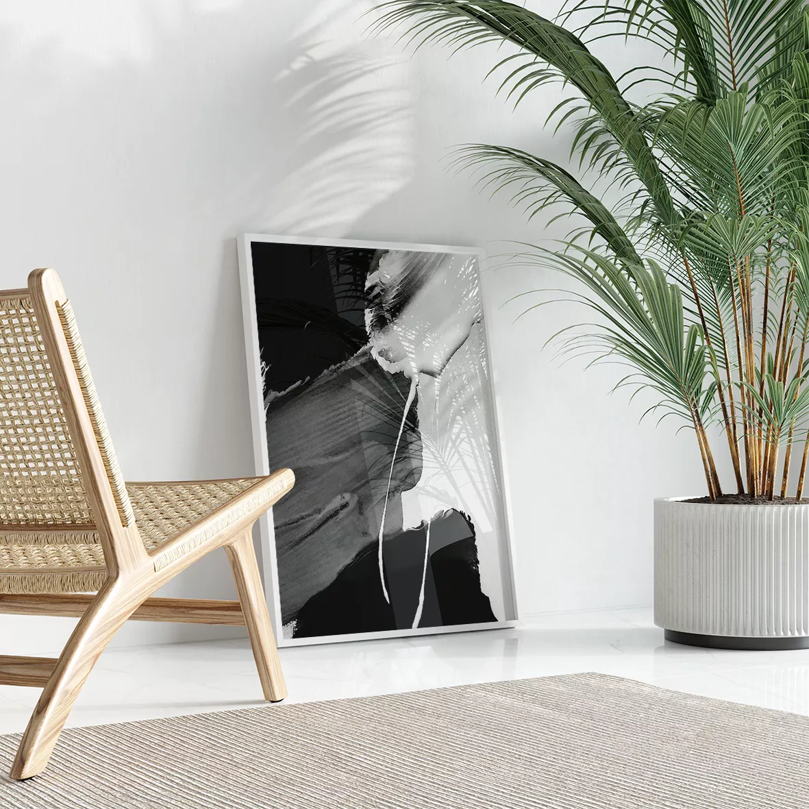 モノトーンの抽象アート3点セット、赤のアクセントが印象的な墨絵風デザイン