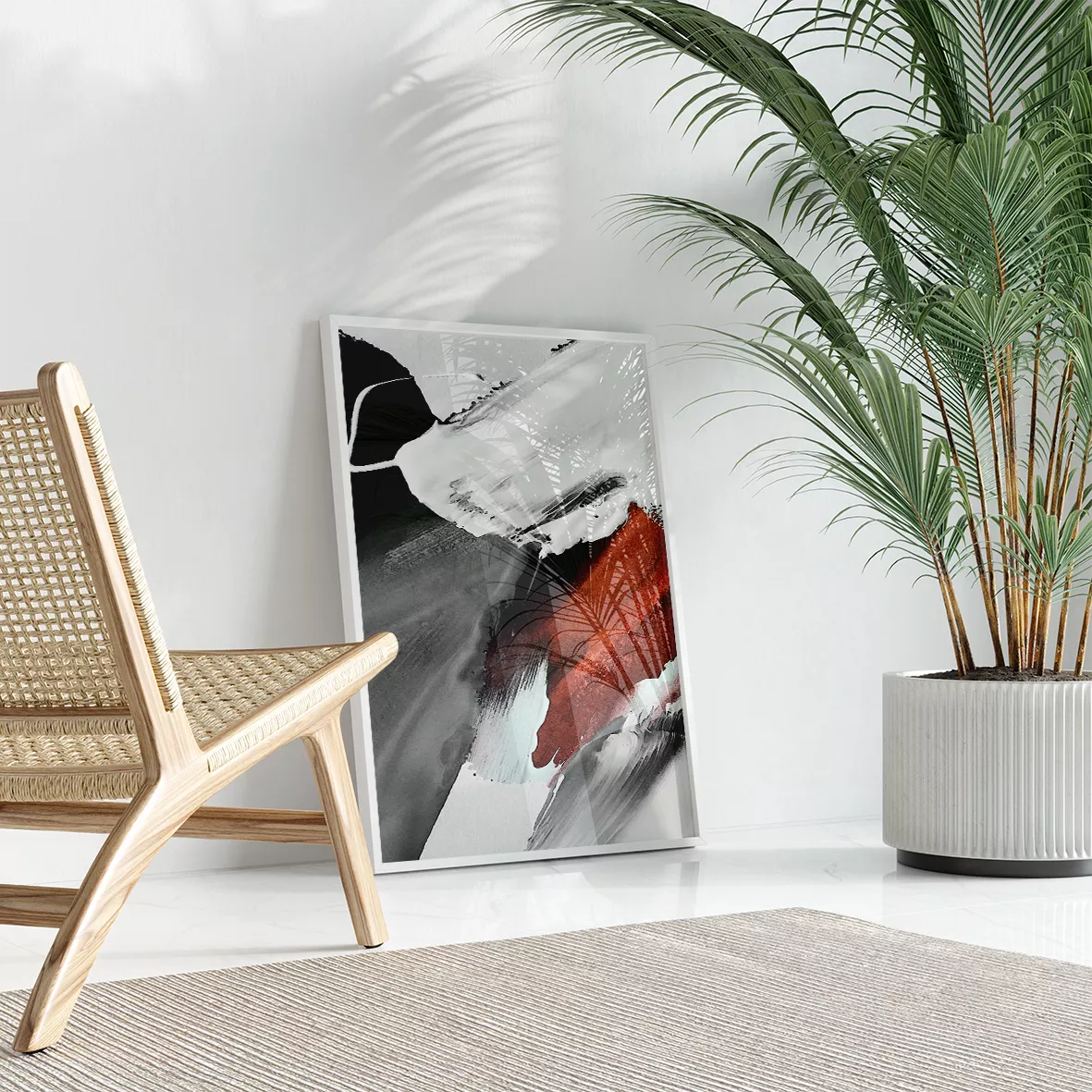 モノトーンの抽象アート3点セット、赤のアクセントが印象的な墨絵風デザイン