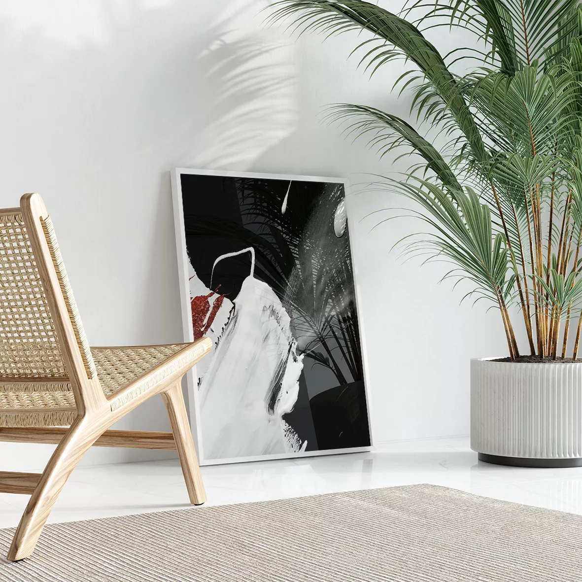 モノトーンの抽象アート3点セット、赤のアクセントが印象的な墨絵風デザイン