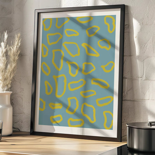 青い背景に黄色の抽象的な模様のモダンアートプリント