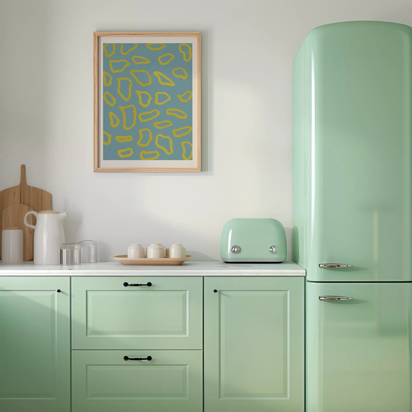 青い背景に黄色の抽象的な模様のモダンアートプリント