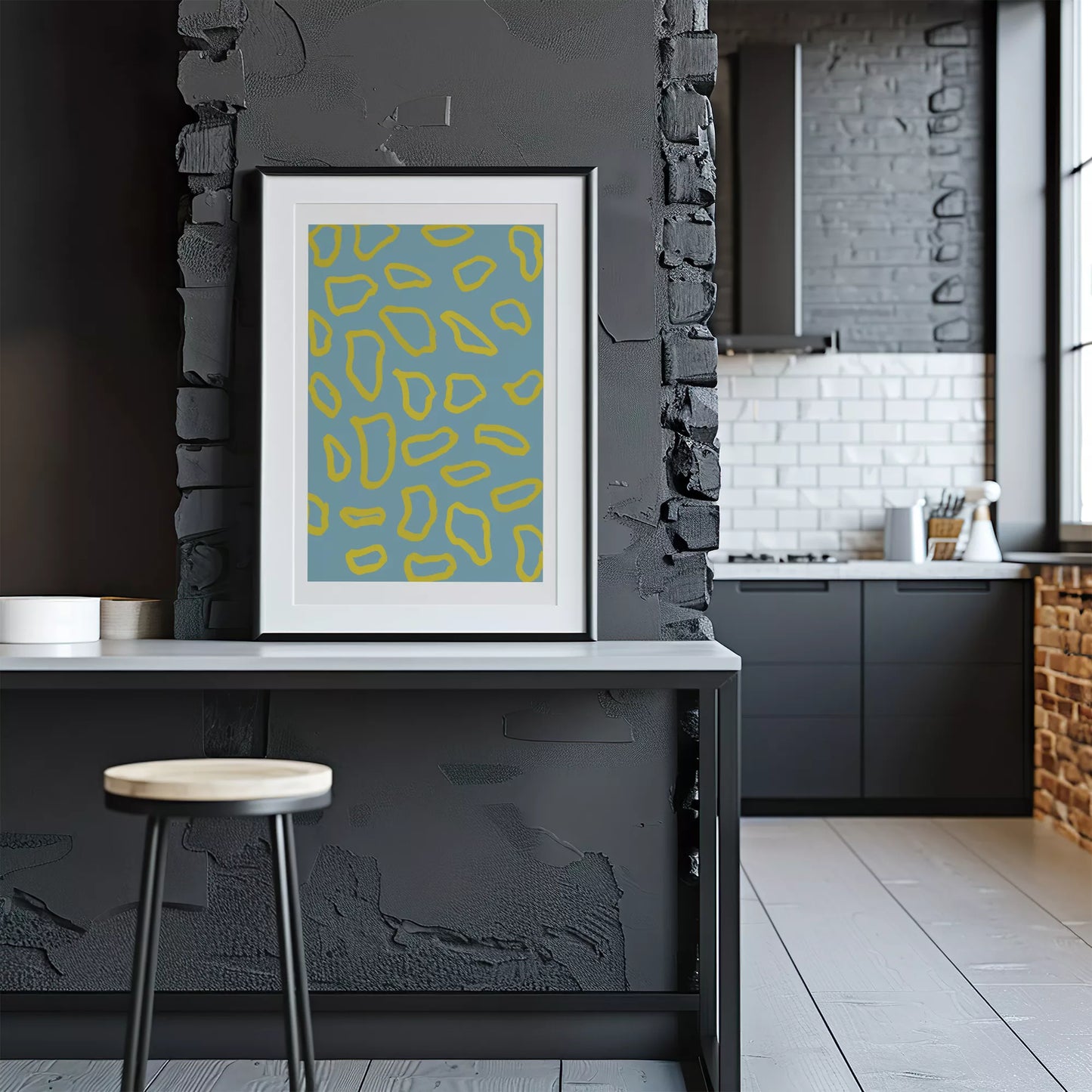 青い背景に黄色の抽象的な模様のモダンアートプリント