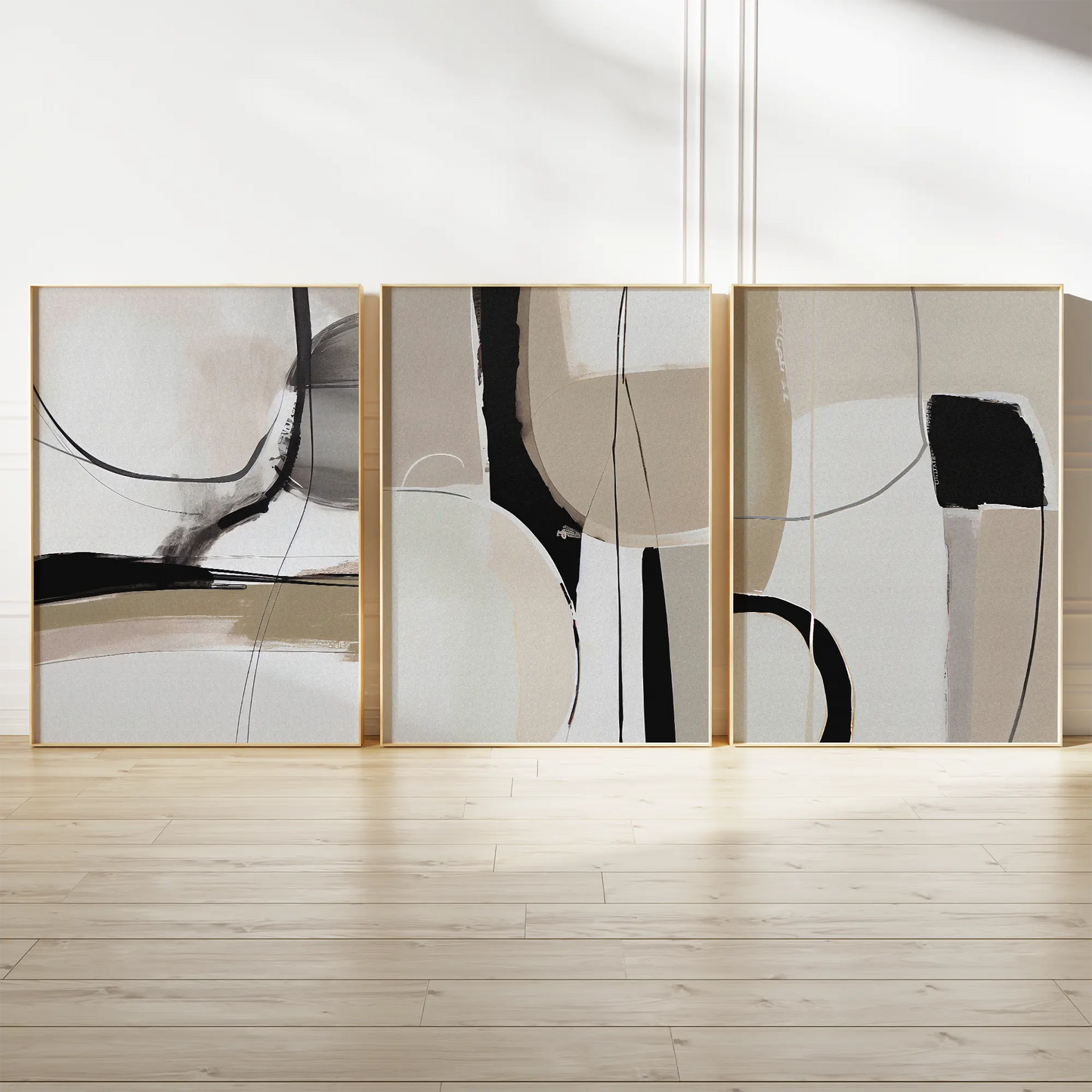 モノクロベージュの抽象ブラッシュストロークアートポスター 北欧モダン 3枚セット